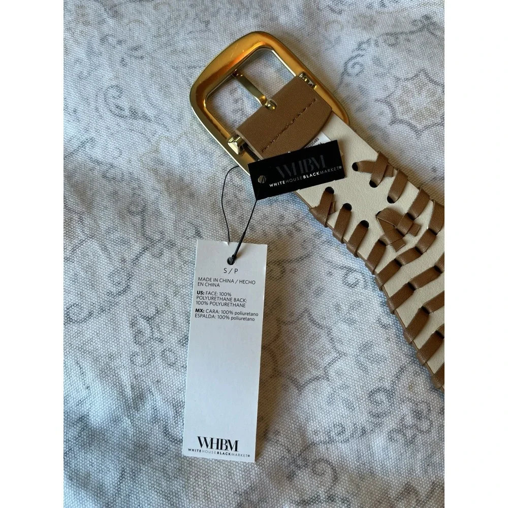 White House Black‎ Market Faux Leather Woven Belt S/P Gold Tone Buckle Vachetta